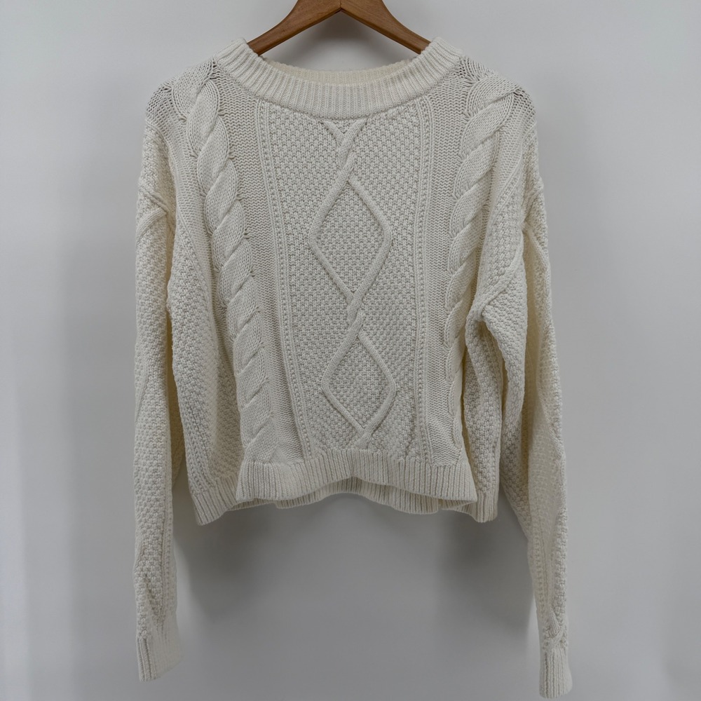 Quince Organic Cotton Cable Knit Sweater Ivory White Crew Neck cozy Womens M